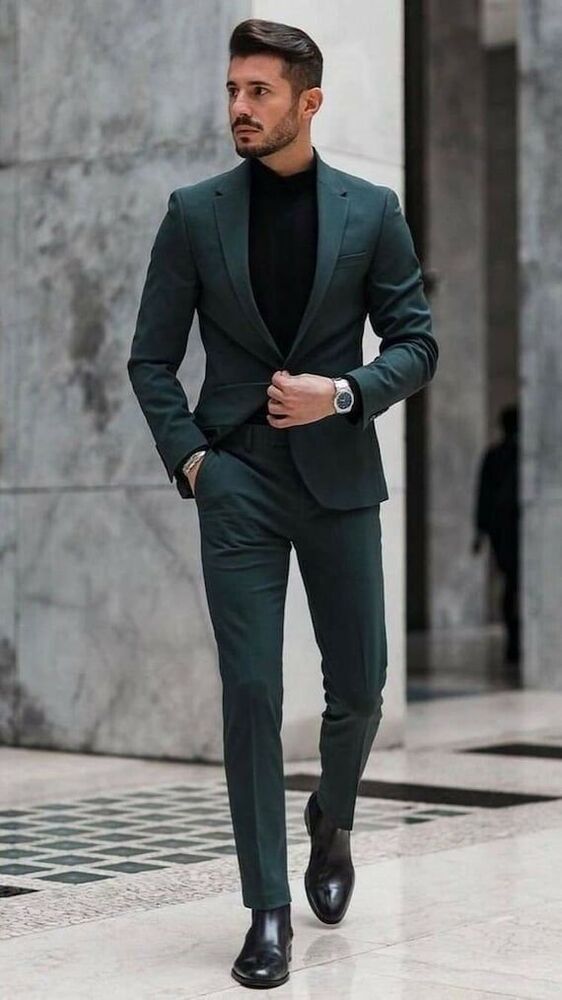 hits style men suit slim fit dark green business dinner prom party groom tuxedo wedding 2024